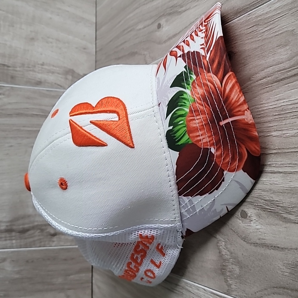 Bridgestone Golf Luau Floral Trucker Hat Adjustable Snapback White Orange